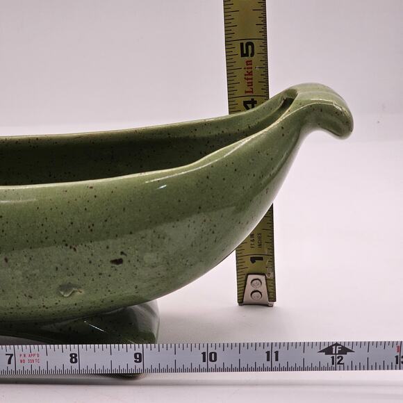 Vintage-Inspired Footed Studio Pottery Bowl - Art Deco Green Speckled Decor - Picture 8 of 9